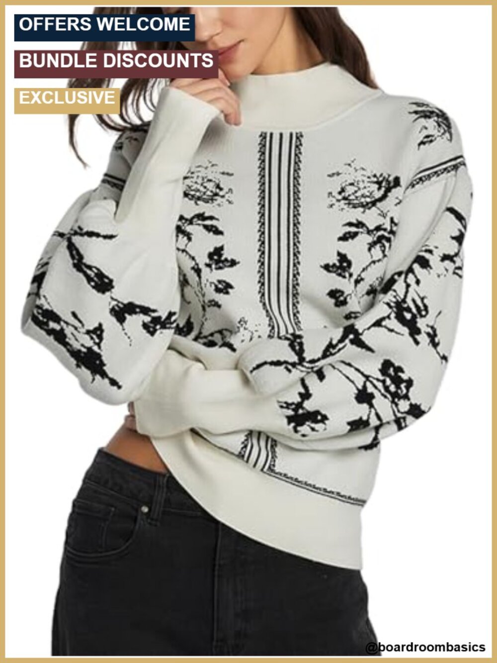 Mock Turtleneck Print Lantern Sleeve Knit Pullover Sweater